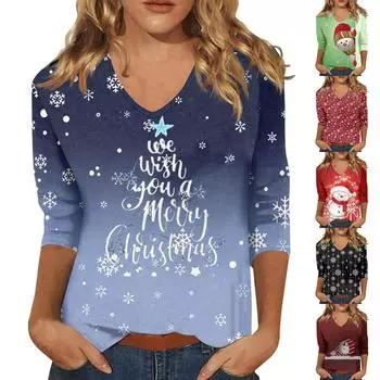 Женская мода на каждый день Повседневная футболка с v-образным вырезом и семиточечным рукавом с принтом Топ XXXL чёрный