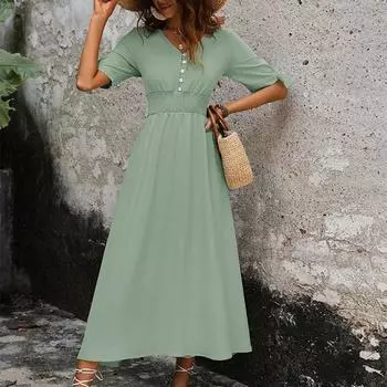 Женская мода на лето и весну с коротким рукавом и v-образным вырезом со средней талией повседневные платья S зелёный