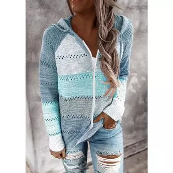 Женская мода на молнии кардиган топы повседневный пэчворк V-образный вырез длинные рукава с капюшоном свитер блузка ворс M