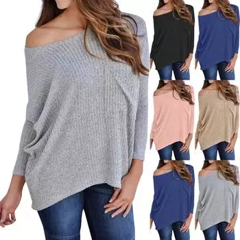 Женская мода на одно плечо, сексуальный повседневный однотонный однотонный топ с длинным рукавом и карманом L чёрный