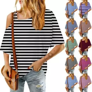 Женская мода на одно плечо в полоску с принтом сексуальная повседневная футболка со средним рукавом L армия зеленый