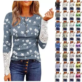 Женская мода на пуговицах с круглым вырезом и принтом, с кружевом и длинными рукавами L бежевый