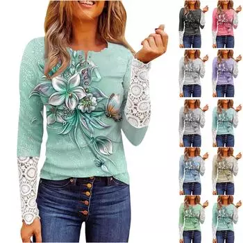 Женская мода на пуговицах с круглым вырезом, тонкий кружевной топ с длинными рукавами и принтом M