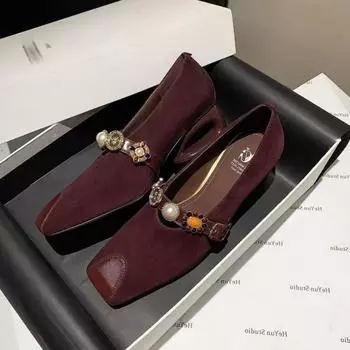 Женская мода на толстом каблуке, осенняя новая обувь с квадратным носком, неглубоким воротом, пряжкой в виде одного слова, нескользящая удобная обувь с низким верхом 35 чёрный