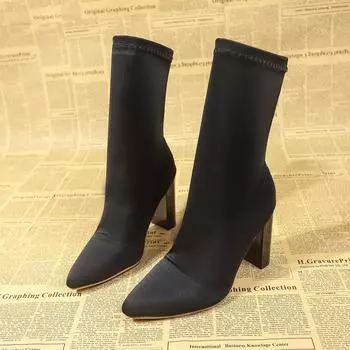 Женская мода на высоком каблуке из цельного дерева с квадратным каблуком, носки, сапоги, женские сапоги-носки, замшевые туфли с острым носком, сексуальные туфли с щиколоткой 35