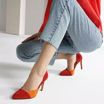 Женская мода Натуральная замша Красный Оранжевый Двухцветная женская обувь на шпильке