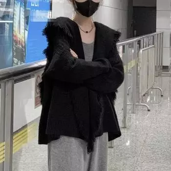 Женская мода нежный лацкан кисточкой свитер кардиган свободный дизайн пальто One Size чёрный