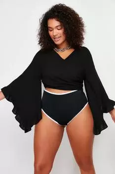 Женская мода, новая блузка большого размера, черная укороченная блузка с тканой оборкой