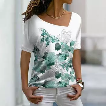 Женская мода, новая футболка с цветочным принтом в виде бабочек, V-образный вырез, базовая рубашка, летний топ XS-8XL/3D-печать S