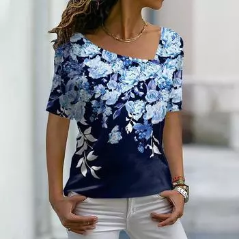 Женская мода, новая футболка с цветочным принтом роз, базовая рубашка с V-образным вырезом, рубашка больших размеров, летняя футболка XS-8XL/3D-печать S