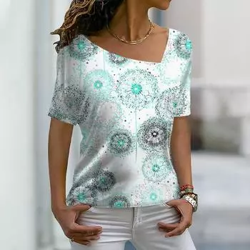 Женская мода, новая футболка с цветочным принтом в виде одуванчика, базовая рубашка с V-образным вырезом, рубашка больших размеров, летняя футболка XS-8XL S
