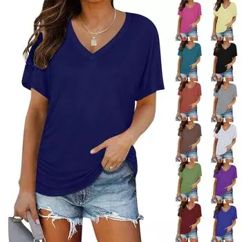 Женская мода, новая летняя однотонная повседневная футболка с v-образным вырезом и коротким рукавом, топ XXXL синий