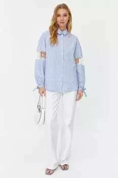 Женская мода, новая рубашка в хиджабе, синяя полосатая тканая рубашка из хлопковой смеси с вышивкой на рукаве