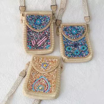 Женская мода, новая соломенная плетеная сумка через плечо, фирменная сумка с бисером, универсальная сумка для мобильного телефона, милая уникальная дорожная маленькая сумка через плечо 15CM золотой