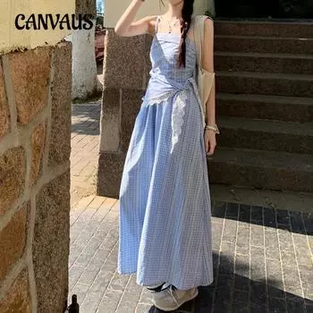 Женская мода новое клетчатое платье с талией и кружевным бантом на шее M синий