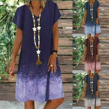 Женская мода новое летнее двухцветное градиентное свободное повседневное платье с коротким рукавом и v-образным вырезом L коричневый