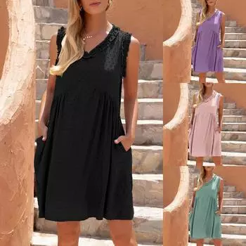 Женская мода новое летнее повседневное платье без рукавов с v-образным вырезом и бальным жилетом с карманами M зелёный