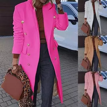 Женская мода новое однотонное среднее и длинное шерстяное пальто с длинными рукавами и лацканами XXL хаки