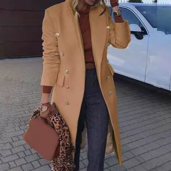 Женская мода новое однотонное среднее и длинное шерстяное пальто с длинными рукавами и лацканами M хаки