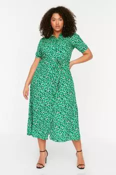 Женская мода, новое платье большого размера, зеленое тканое платье-рубашка с поясом и цветочным принтом