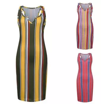 Женская мода новое плотное повседневное платье без рукавов в полоску с принтом L зелёный