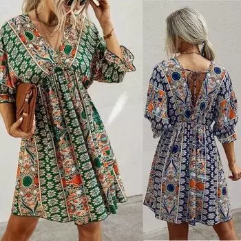 Женская мода Новое повседневное платье с V-образным вырезом и принтом Swing, средней длины, французское богемное платье, вечернее платье S хаки