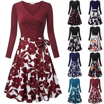 Женская мода, новое женское свободное платье с v-образным вырезом и длинными рукавами, плиссированное платье с принтом L чёрный