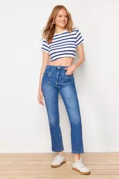 Женская мода Новые джинсы Синие прямые джинсы с карманами и высокой талией