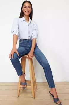 Женская мода Новые джинсы Темно-синие прямые джинсы с высокой талией