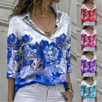 Женская мода, новые летние свободные рубашки с длинными рукавами и v-образным вырезом на пуговицах и принтом, топы L фиолетовый
