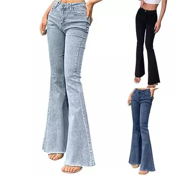 Женская мода, новые однотонные облегающие расклешенные сексуальные джинсы с широкими штанинами и подъемом бедер S чёрный