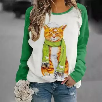 Женская мода Новые топы с длинным рукавом с принтом снеговика Повседневные осенние и зимние свитера с круглым вырезом и 3D-принтом с изображением кота Женские толстовки S