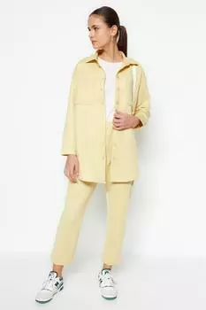 Женская мода, новый комплект с нижней частью хиджаба, желтая рубашка с карманами и брюками, вязаный костюм