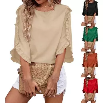 Женская мода новый круглый вырез кружева нерегулярные рукава семь четвертей топ XL чёрный