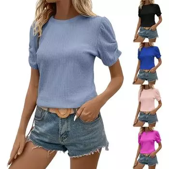 Женская мода, новый круглый вырез, модная плиссированная футболка с коротким рукавом L