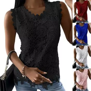 Женская мода, новый летний топ без рукавов с U-образным вырезом, однотонный повседневный топ с кружевом XXXXL чёрный