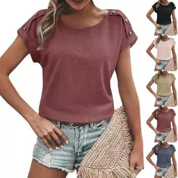 Женская мода, новый однотонный топ с короткими рукавами и круглым вырезом на пуговицах L бежевый