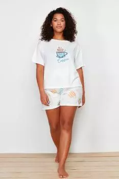 Женская мода, новый пижамный комплект большого размера, вязаный пижамный комплект цвета экрю с принтом