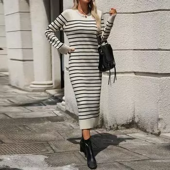 Женская мода, новый приталенный цветной свитер, полосатая длинная юбка, модное осеннее и зимнее платье L бежевый