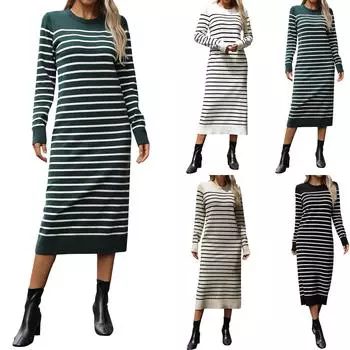 Женская мода, новый приталенный цветной свитер, полосатая длинная юбка, модное осеннее и зимнее платье XL чёрный