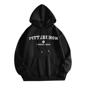 Женская мода O-образный вырез с длинным рукавом и принтом, толстовка с капюшоном L чёрный