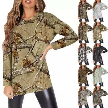 Женская мода O-образный вырез с длинным рукавом рабочая одежда с карманами принтованные топы для женщин XXL