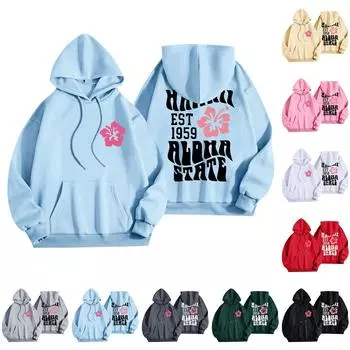 Женская мода O-образный вырез с длинным рукавом и принтом, толстовка с капюшоном XL чёрный