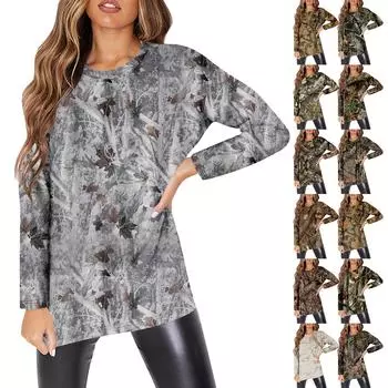 Женская мода O-образный вырез с длинным рукавом рабочая одежда с карманами принтованные топы для женщин XXL