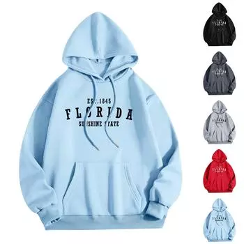 Женская мода O-образный вырез с длинным рукавом и принтом, толстовка с капюшоном L