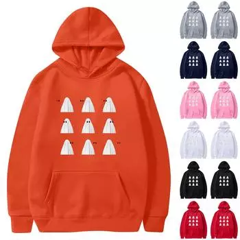 Женская мода O-образный вырез с длинным рукавом Хэллоуин принтованный топ с капюшоном толстовка L белый