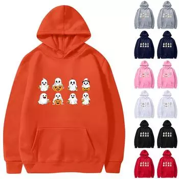 Женская мода O-образный вырез с длинным рукавом Хэллоуин принтованный топ с капюшоном толстовка L чёрный