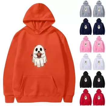 Женская мода O-образный вырез с длинным рукавом Хэллоуин принтованный топ с капюшоном толстовка L серый
