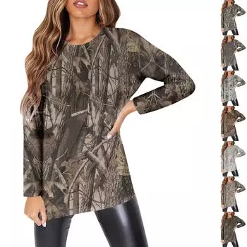 Женская мода O-образный вырез с длинным рукавом рабочая одежда с карманами принтованные топы летние топы для женщин XXL верблюд