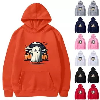 Женская мода O-образный вырез с длинным рукавом Хэллоуин принтованный топ с капюшоном толстовка M серый
